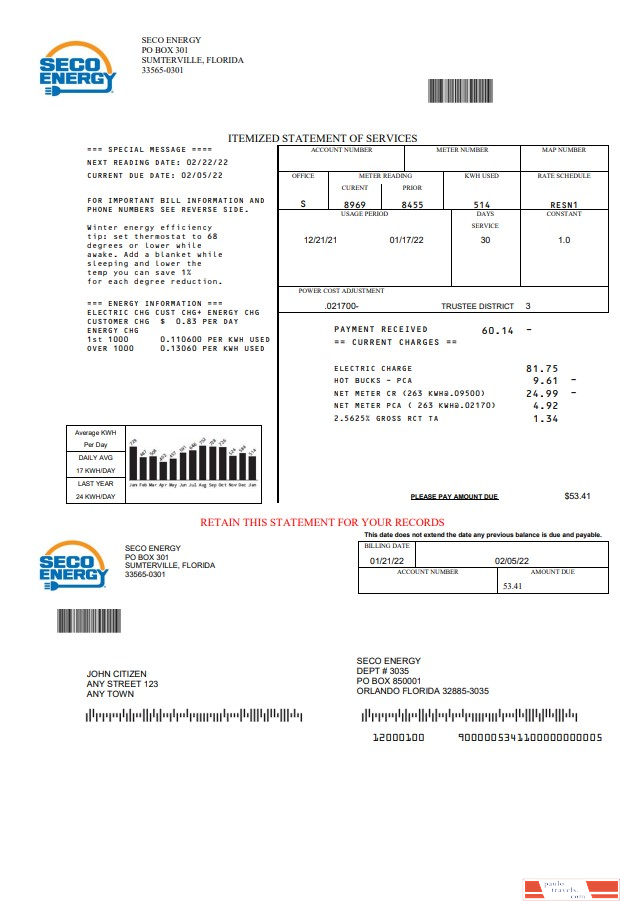 USA Florida Seco Energy utility bill template in Word and PDF format